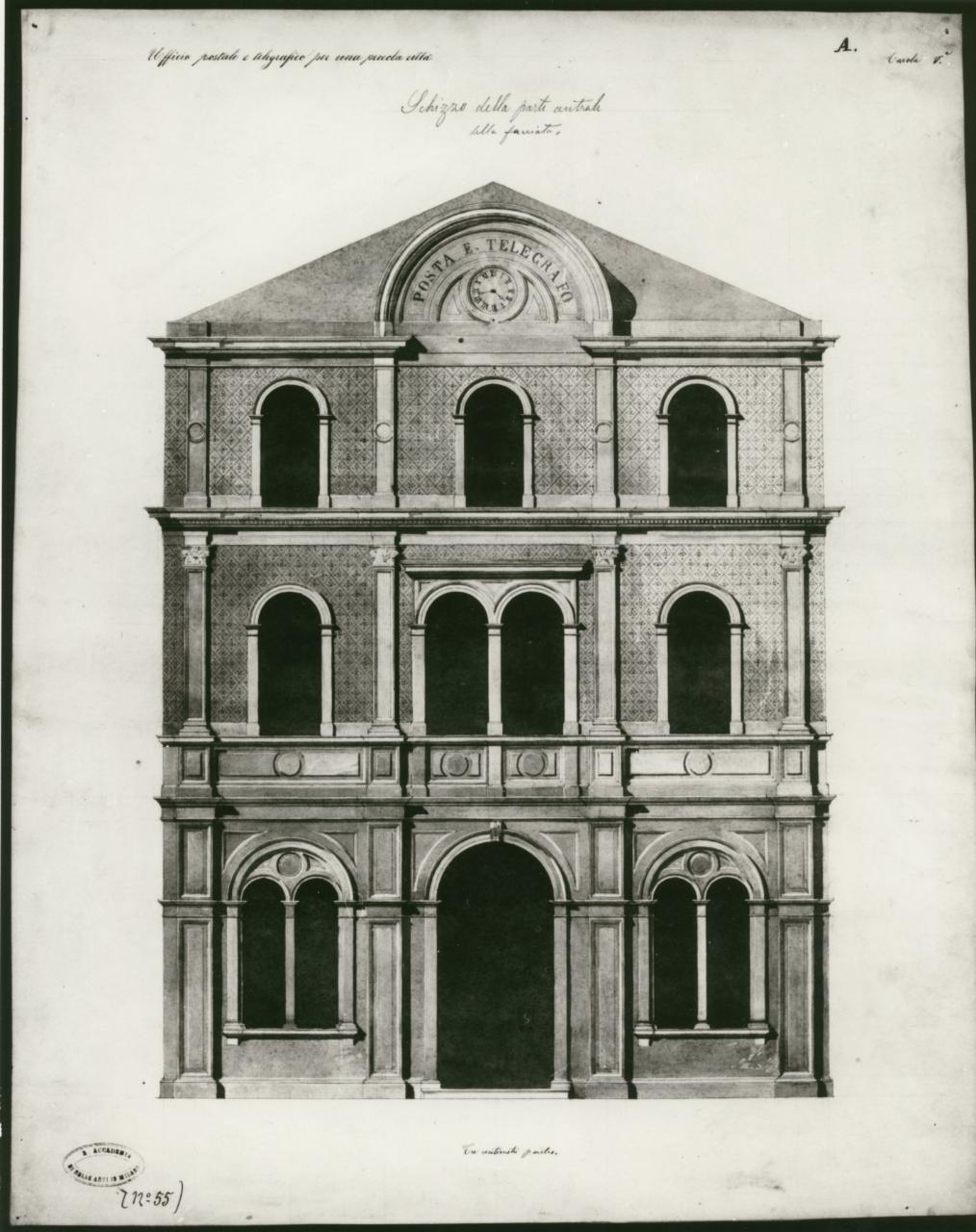 Ufficio postale e telegrafico per una piccola città, architettura: Posta (prospetto) (disegno) - ambito milanese (sec. XIX)