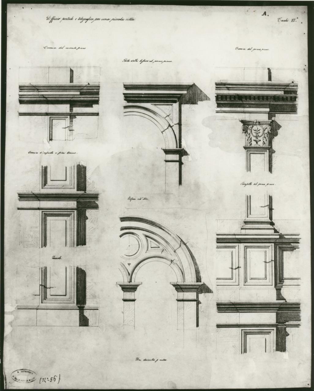 Ufficio postale e telegrafico per una piccola città, architettura: Posta (particolari) (disegno) - ambito milanese (sec. XIX)