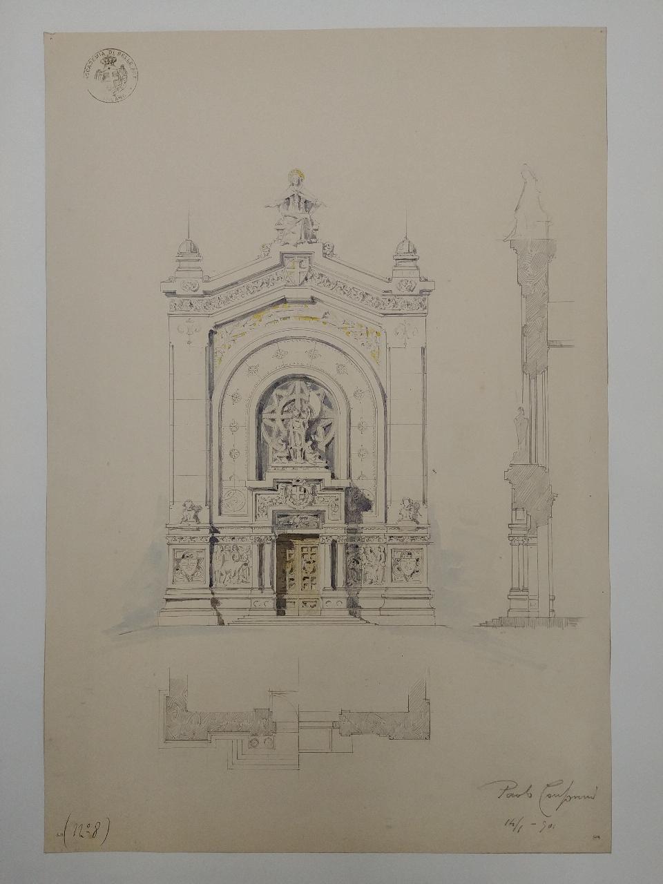 Facciata di chiesa votiva (stile medioevo), architettura: chiesa votiva (prospetto e sezione) (disegno) di Consonni, Paolo (sec. XX)