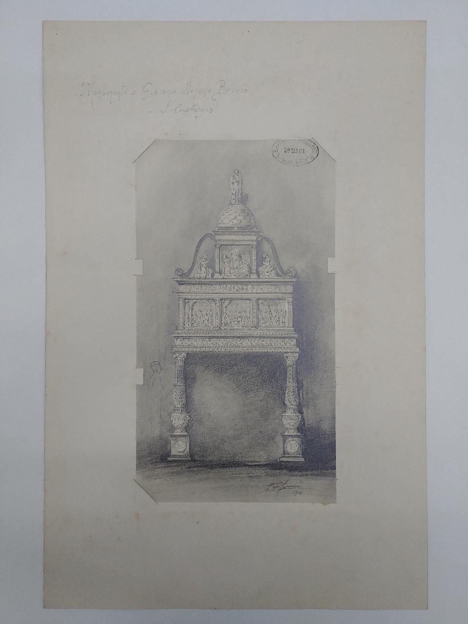 Rilievo del monumento funebre a Giacomo Stefano Brivio nella basilica di Sant'Eustorgio a Milano, architettura: rilievo del monumento funebre a Giacomo Stefano Brivio nella basilica di Sant'Eustorgio a Milano (prospetto) (disegno) di Consonni, Paolo (sec. XX)