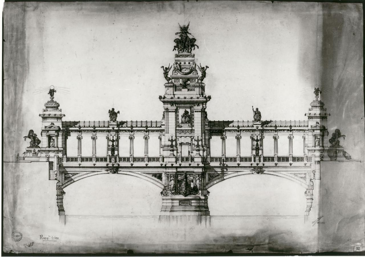 Ponte in pietra commemorativo di un fatto o una personalità insigne (stile greco o romano. Prova di sviluppo: prospetto frontale), ponte in pietra (disegno) di Bongi, Orsino (sec. XX)