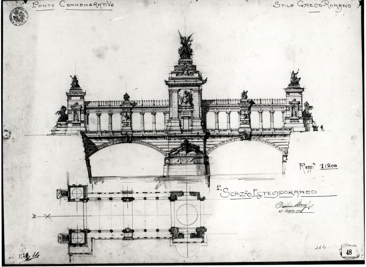 Ponte in pietra commemorativo di un fatto o una personalità insigne (stile greco o romano. Prima prova estemporanea: pianta, prospetto frontale), ponte in pietra (disegno) di Bongi, Orsino (sec. XX)