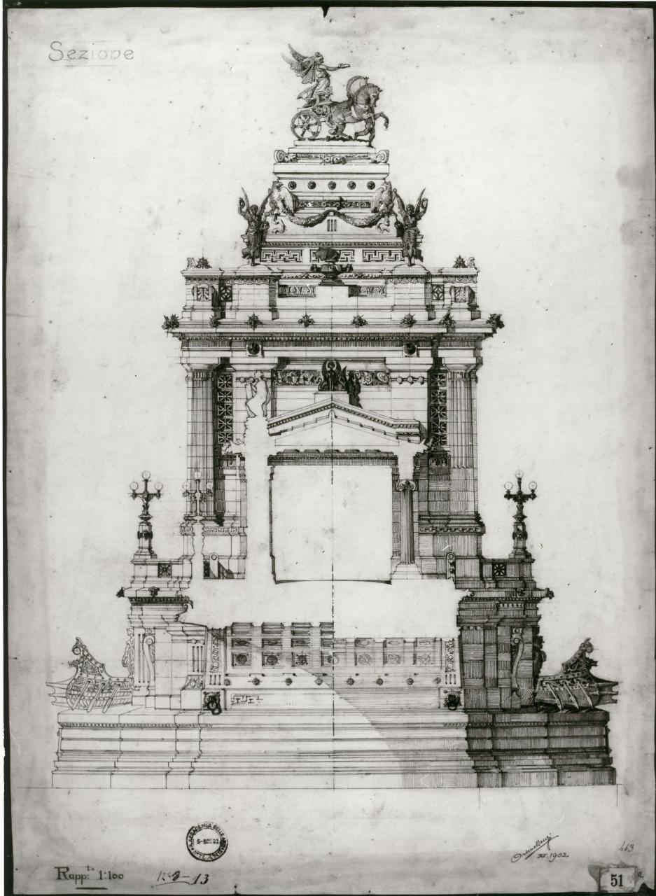 Ponte in pietra commemorativo di un fatto o una personalità insigne (stile greco o romano. Prova di sviluppo: sezione), ponte in pietra (disegno) di Bongi, Orsino (sec. XX)