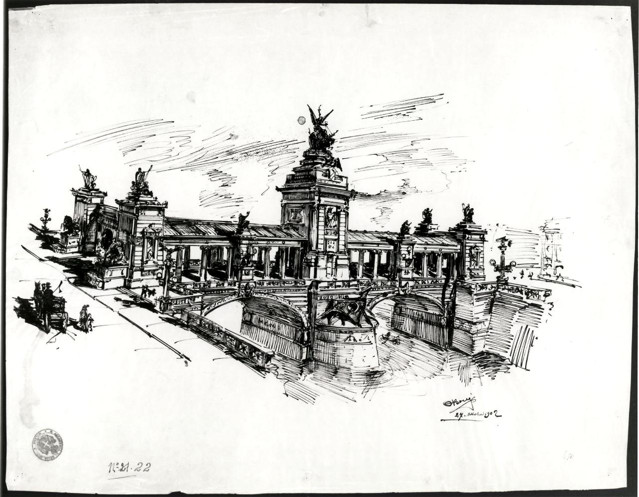 Ponte in pietra commemorativo di un fatto o una personalità insigne (stile greco o romano. Prima prova estemporanea: prospettiva), ponte in pietra (disegno) di Bongi, Orsino (sec. XX)