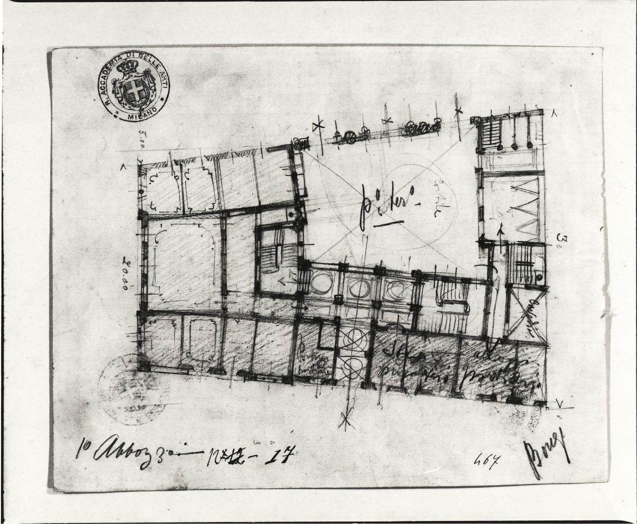 Casa signorile da pigione (stile contemporaneo. Terza prova estemporanea: pianta), casa signorile da pigione (disegno) di Bongi, Orsino (sec. XX)