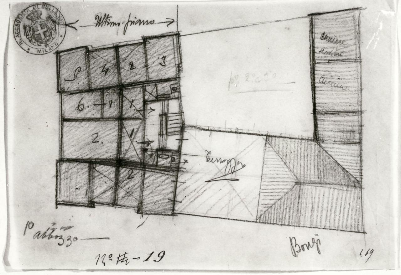 Casa signorile da pigione (stile contemporaneo. Terza prova estemporanea: pianta), casa signorile da pigione (disegno) di Bongi, Orsino (sec. XX)