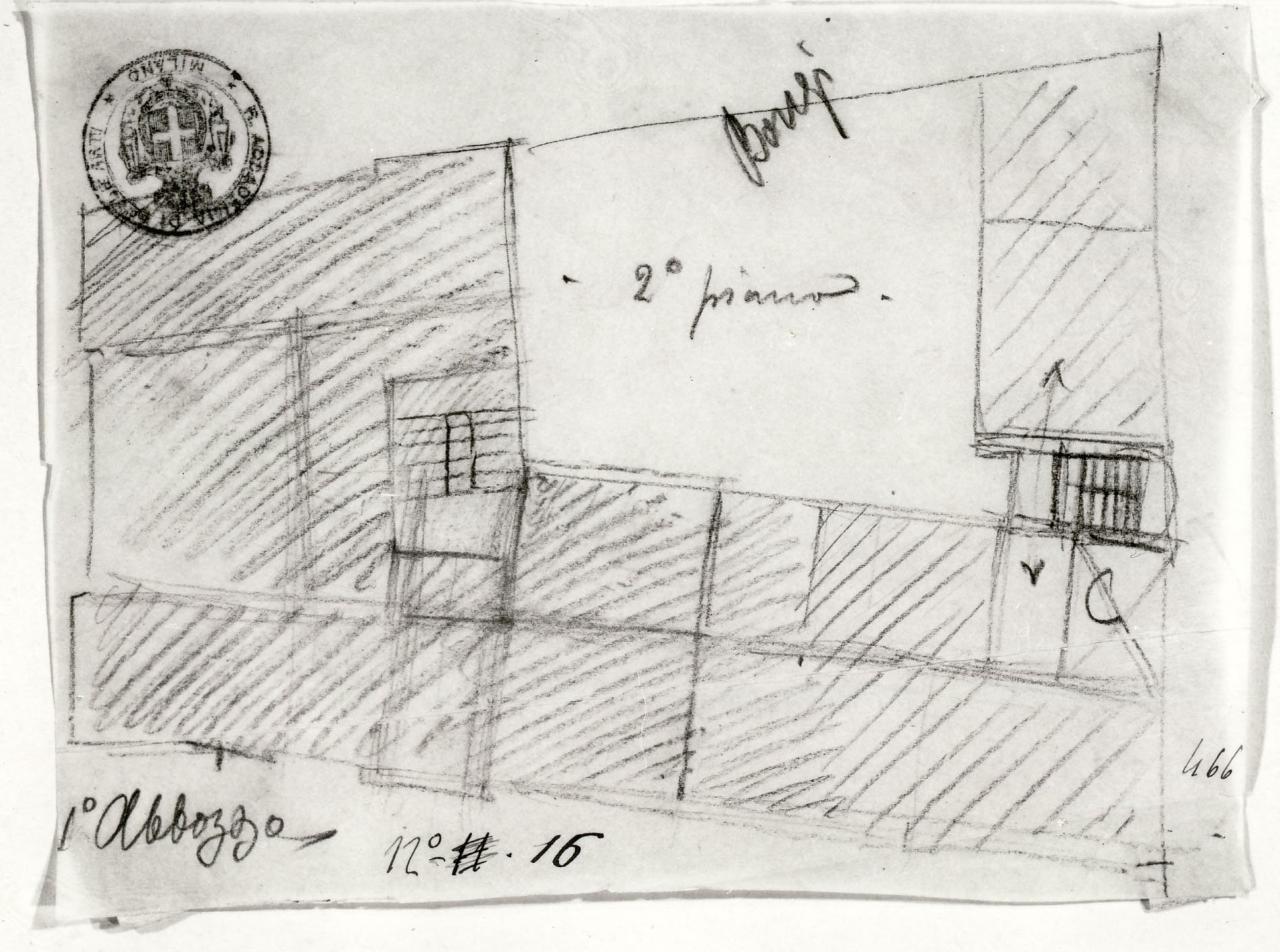 Casa signorile da pigione (stile contemporaneo. Terza prova estemporanea: pianta), casa signorile da pigione (disegno) di Bongi, Orsino (sec. XX)