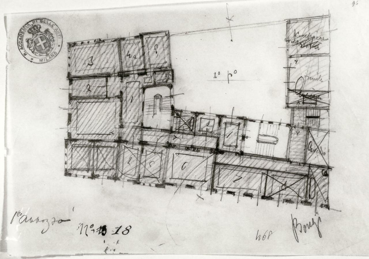 Casa signorile da pigione (stile contemporaneo. Terza prova estemporanea: pianta), casa signorile da pigione (disegno) di Bongi, Orsino (sec. XX)