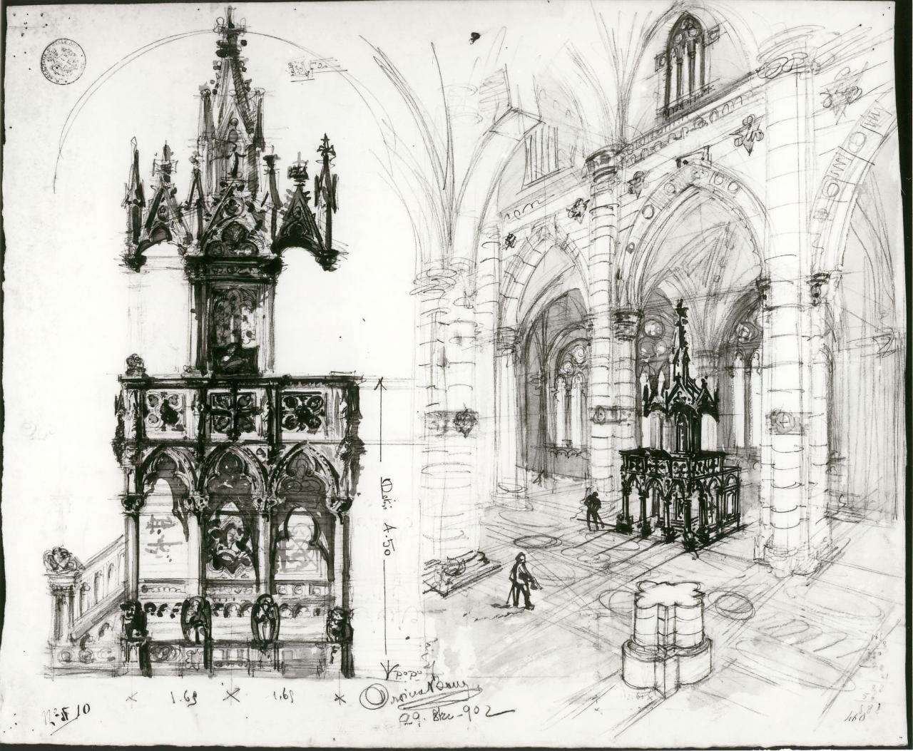 Pulpito isolato in marmo da erigersi in una cattedrale italiana del XIV secolo (stile medioevale. Seconda prova estemporanea: prospetto frontale, prospettiva), pulpito in marmo (disegno) di Bongi, Orsino (sec. XX)