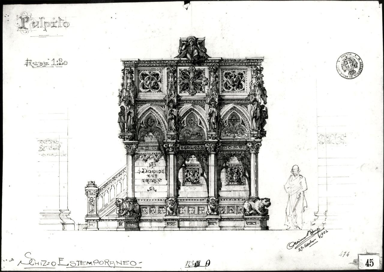 Pulpito isolato in marmo da erigersi in una cattedrale italiana del XIV secolo (stile medioevale. Seconda prova estemporanea: prospetto frontale), pulpito in marmo (disegno) di Bongi, Orsino (sec. XX)