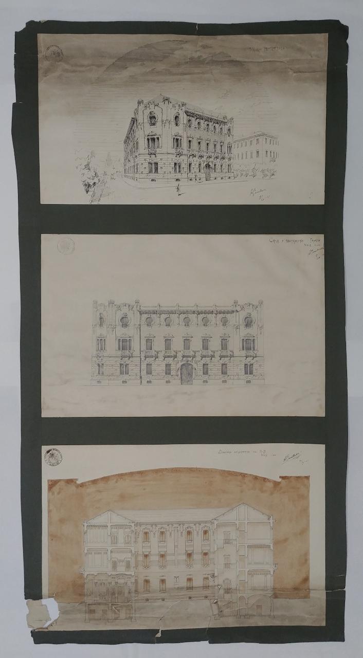 Casa d'abitazione a tre piani (prova di sviluppo: prospettiva, prospetto frontale, sezione), casa d'abitazione (disegno) di Cavallazzi, Antonio (sec. XX)