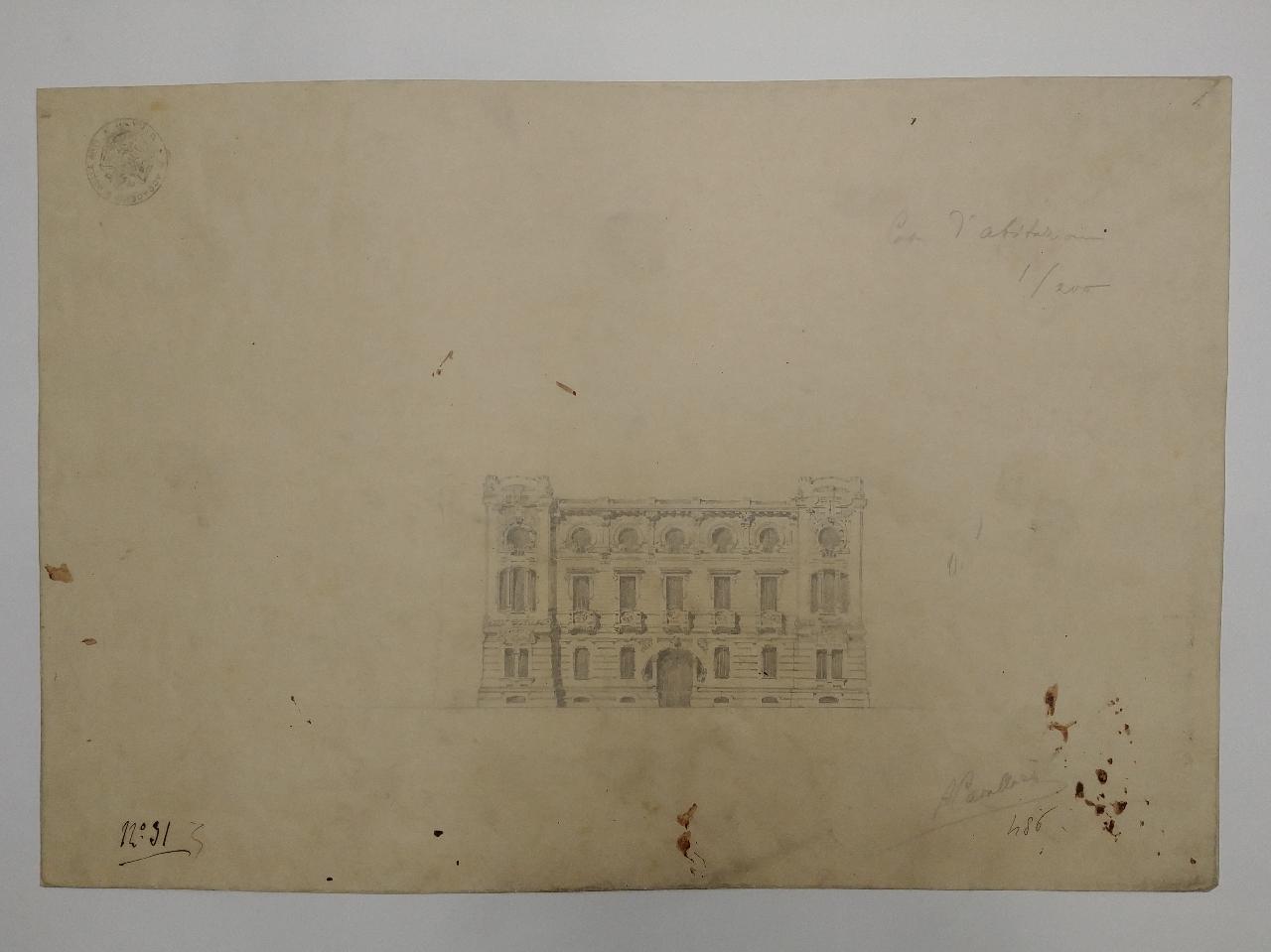 Casa d'abitazione a tre piani (terza prova estemporanea: prospetto frontale), casa d'abitazione (disegno) di Cavallazzi, Antonio (sec. XX)