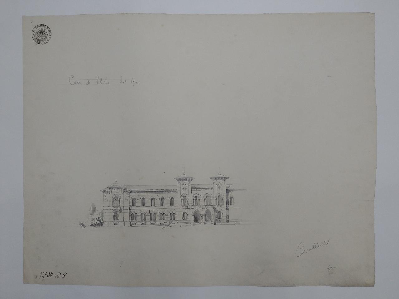 Casa di salute tenuta da religiosi (seconda prova estemporanea: prospetto frontale), casa di salute (disegno) di Cavallazzi, Antonio (sec. XX)