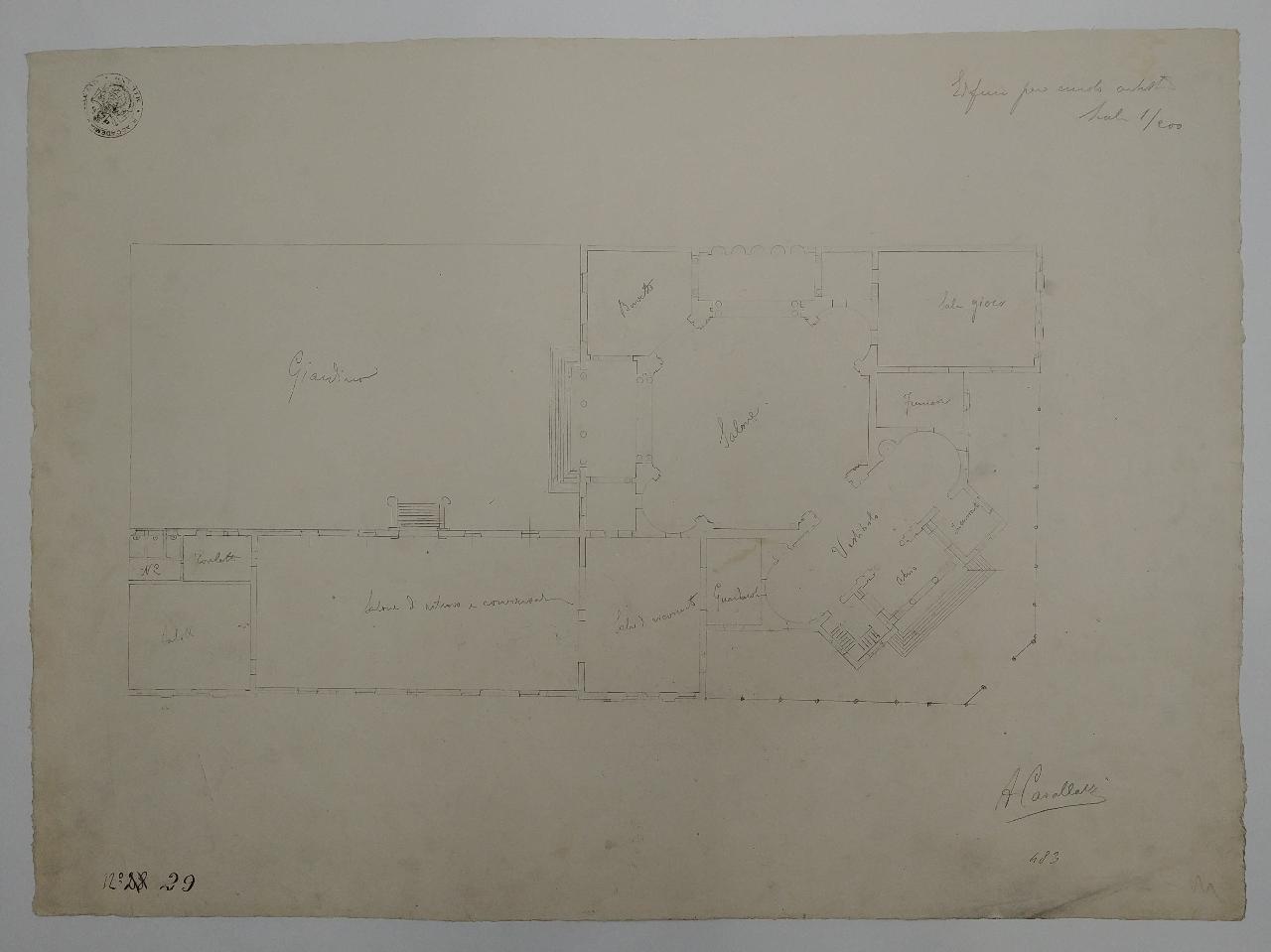 Edificio ad uso circolo artistico (prima prova estemporanea: pianta), circolo artistico (disegno) di Cavallazzi, Antonio (sec. XX)