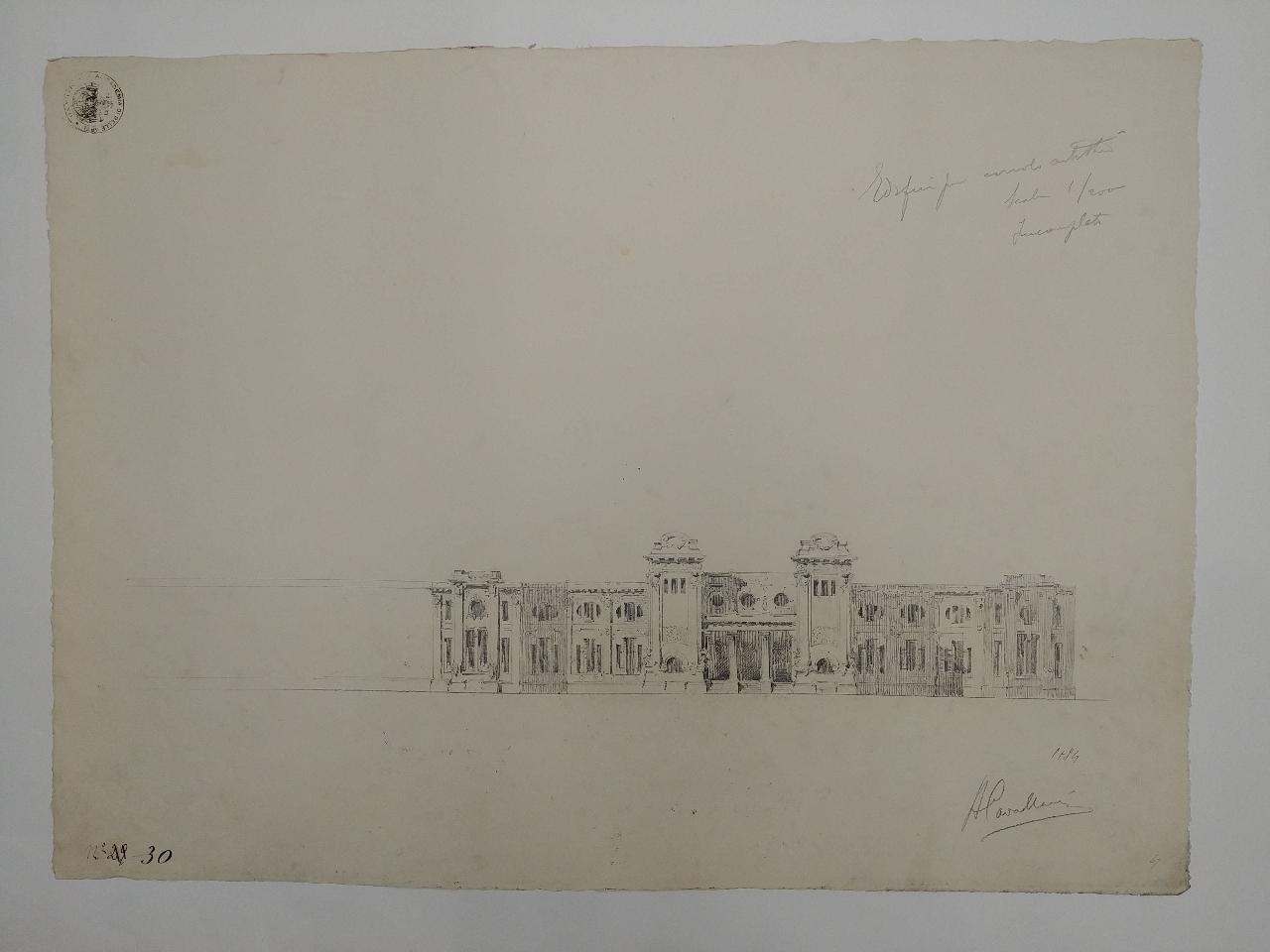 Edificio ad uso circolo artistico (prima prova estemporanea: prospetto frontale), circolo artistico (disegno) di Cavallazzi, Antonio (sec. XX)
