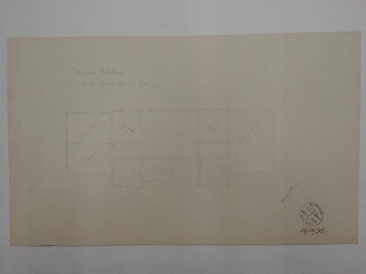 Arsenale militare (pianta), progetto di un arsenale militare (disegno) di Marchetti di Montestrutto, Conte Ippolito (sec. XIX)