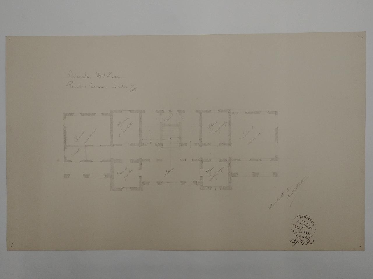Arsenale militare (pianta), progetto di un arsenale militare (disegno) di Marchetti di Montestrutto, Conte Ippolito (sec. XIX)