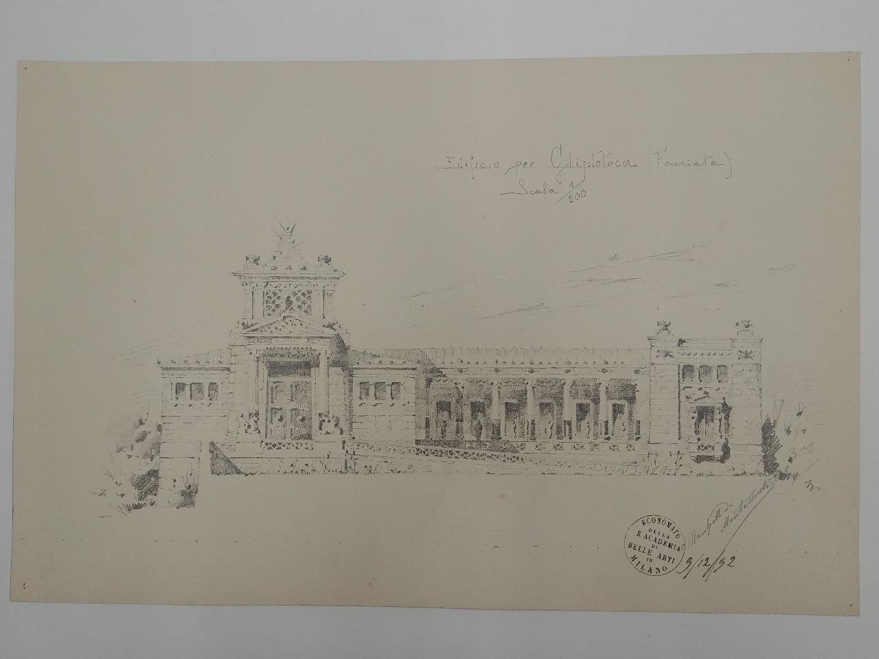 Edificio per Gliptoteca (prospetto frontale), progetto di una gliptoteca (disegno) di Marchetti di Montestrutto, Conte Ippolito (sec. XIX)