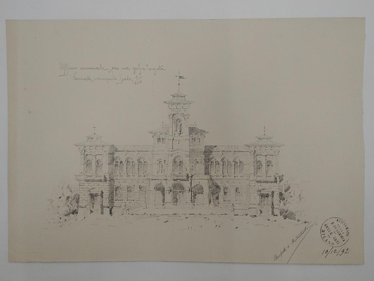 Ufficio comunale per una grossa borgata (prospetto frontale), progetto di un edificio per uffici comunali (disegno) di Marchetti di Montestrutto, Conte Ippolito (sec. XIX)