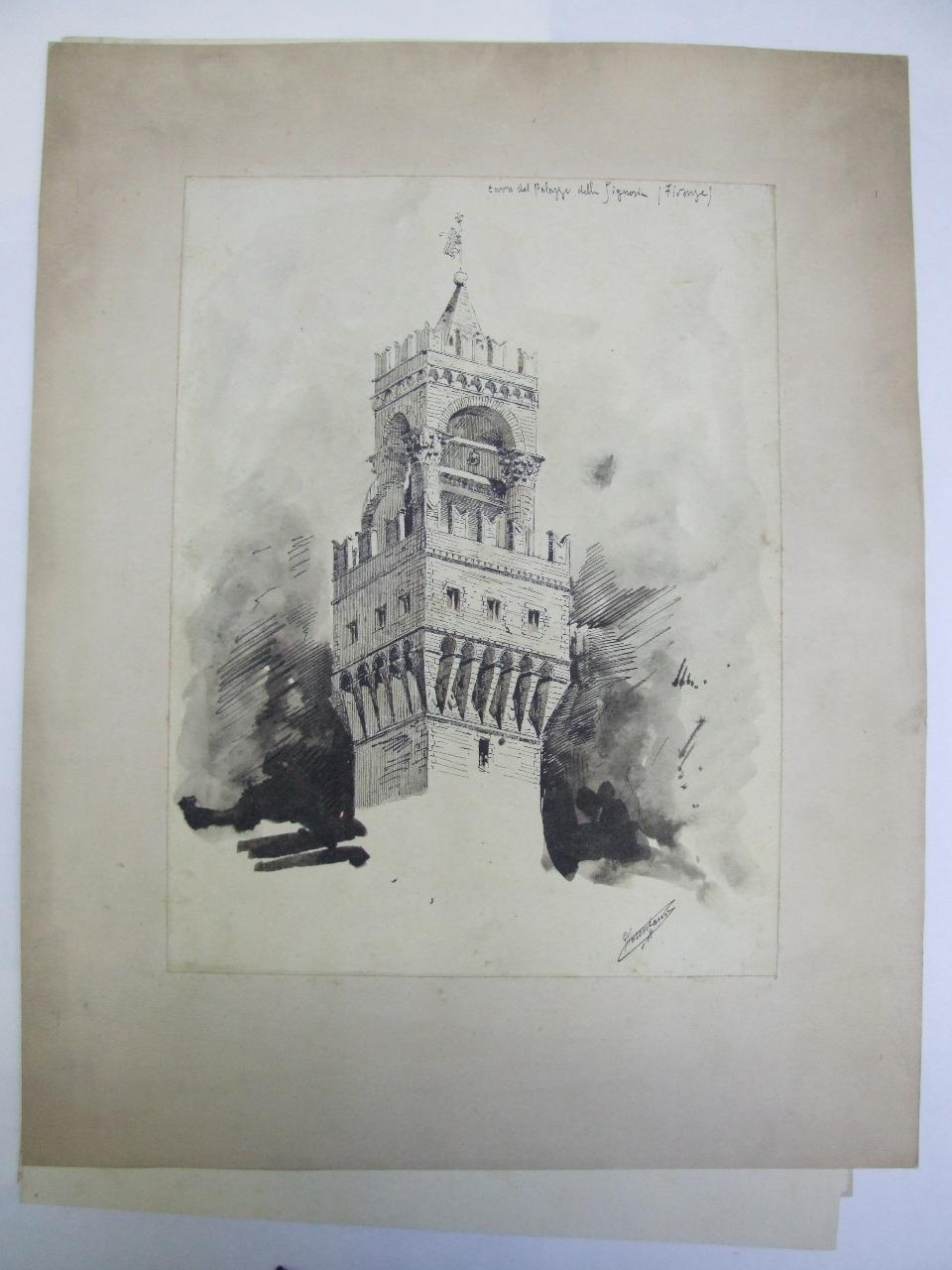 Torre del Palazzo della Signoria a Firenze, torre del palazzo della Signoria a Firenze (disegno) di Brentano, Giuseppe (sec. XIX)