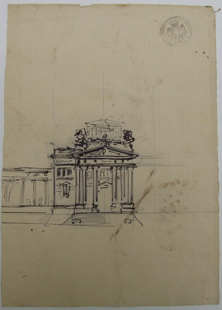 Edificio per sede di un club fotografico (stile greco o romano), architettura: club fotografico (prospetto) (disegno) di Consonni, Paolo - ambito milanese (sec. XX)