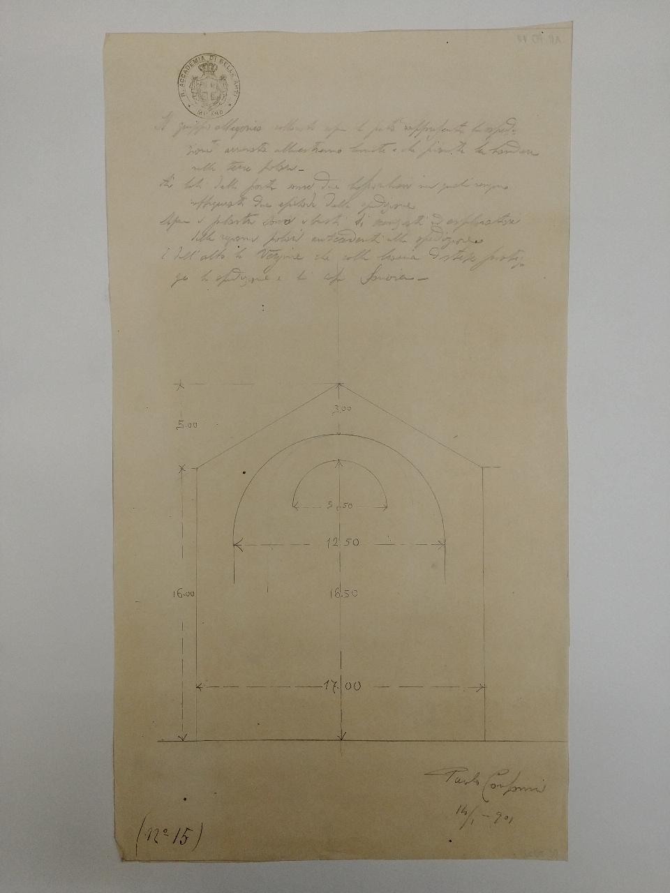 Facciata di chiesa votiva (stile medioevo), architettura: chiesa votiva (quote) (disegno) di Consonni, Paolo (sec. XX)