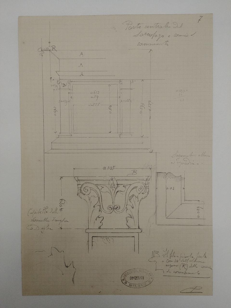 Rilievo del monumento funebre a Giacomo Stefano Brivio nella basilica di Sant'Eustorgio a Milano, architettura: rilievo del monumento funebre a Giacomo Stefano Brivio nella basilica di Sant'Eustorgio a Milano (dettagli architettonici) (disegno) di Consonni, Paolo (sec. XX)