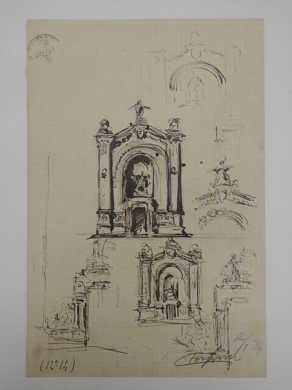 Facciata di chiesa votiva (stile medioevo), architettura: chiesa votiva (prospetto e dettagli architettonici) (disegno) di Consonni, Paolo (sec. XX)