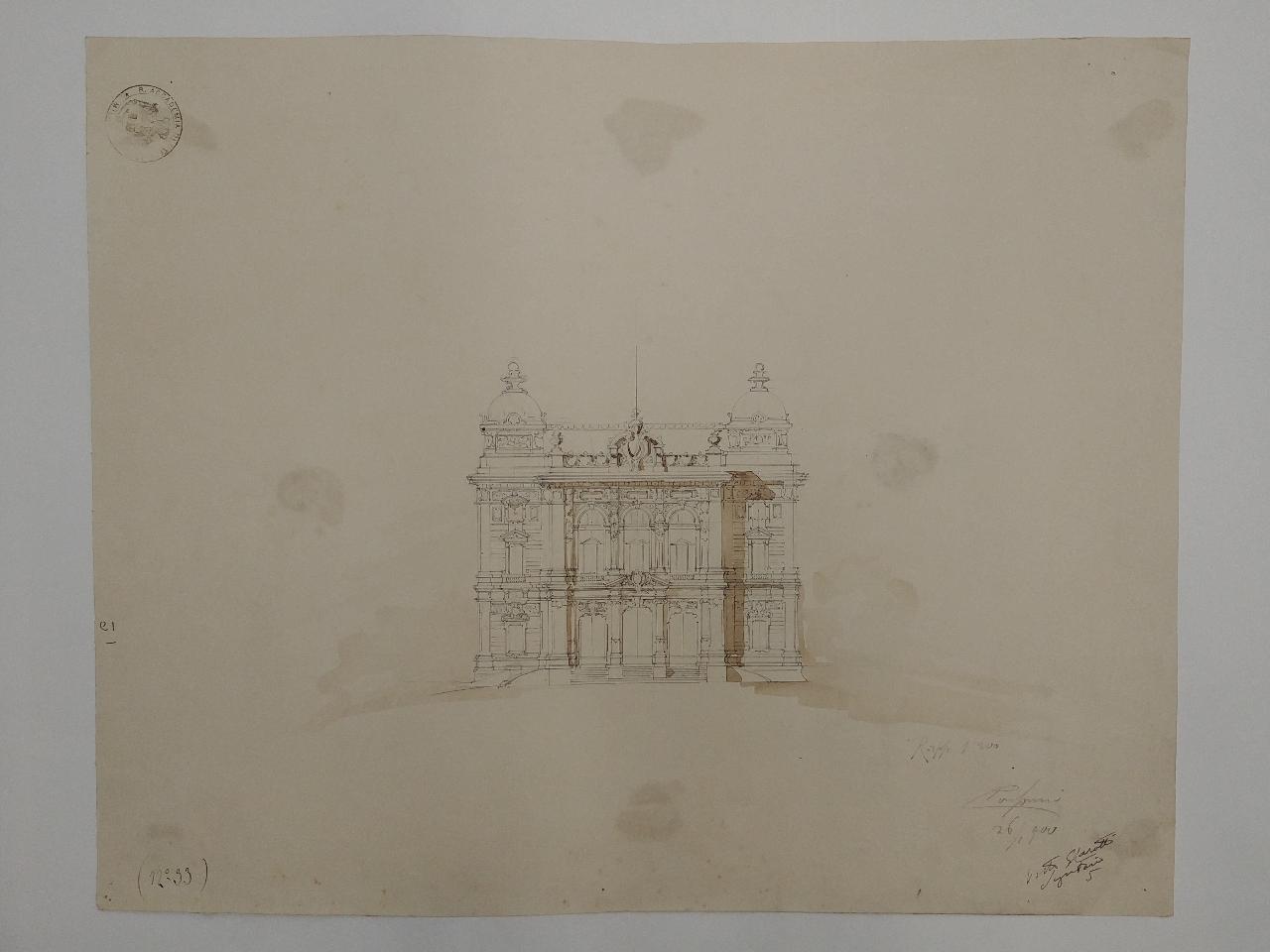 Palazzo per un grande giornale politico quotidiano (stile a scelta. Terza prova estemporanea: prospetto frontale), palazzo per un giornale (disegno) di Consonni, Paolo (sec. XX)