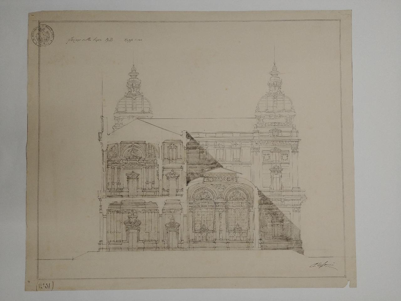 Palazzo per un grande giornale politico quotidiano (stile a scelta. Prova di sviluppo: sezione), palazzo per un giornale (disegno) di Consonni, Paolo (sec. XX)