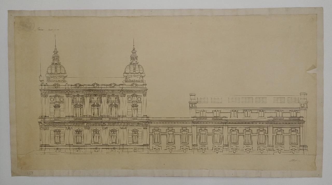 Palazzo per un grande giornale politico quotidiano (stile a scelta. Prova di sviluppo: prospetto laterale), palazzo per un giornale (disegno) di Consonni, Paolo (sec. XX)