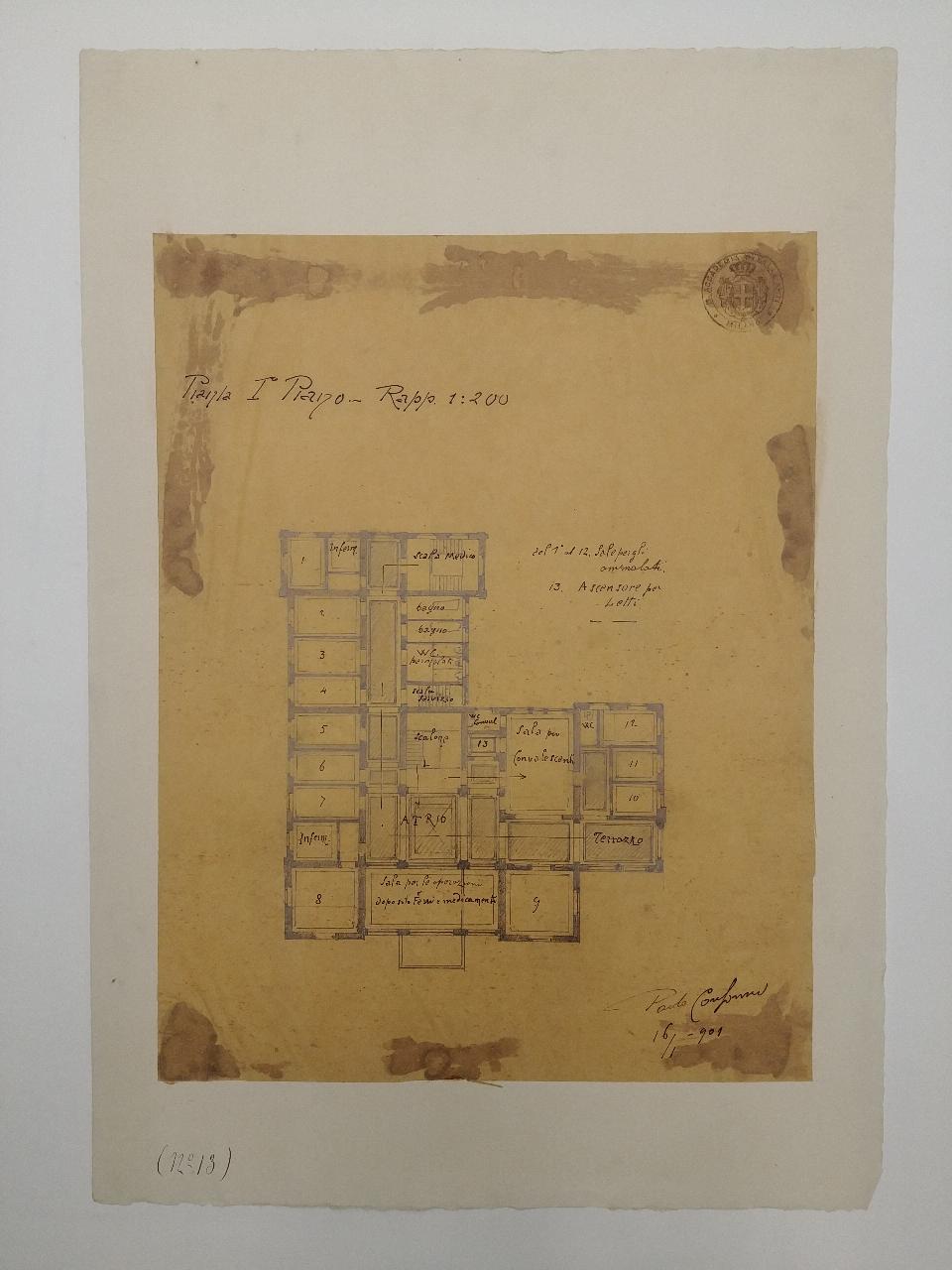 Casa di salute di proprietà di un Dottore specialista per le malattie chirurgiche (stile rinascimento), architettura: casa di salute (pianta) (disegno) di Consonni, Paolo (sec. XX)