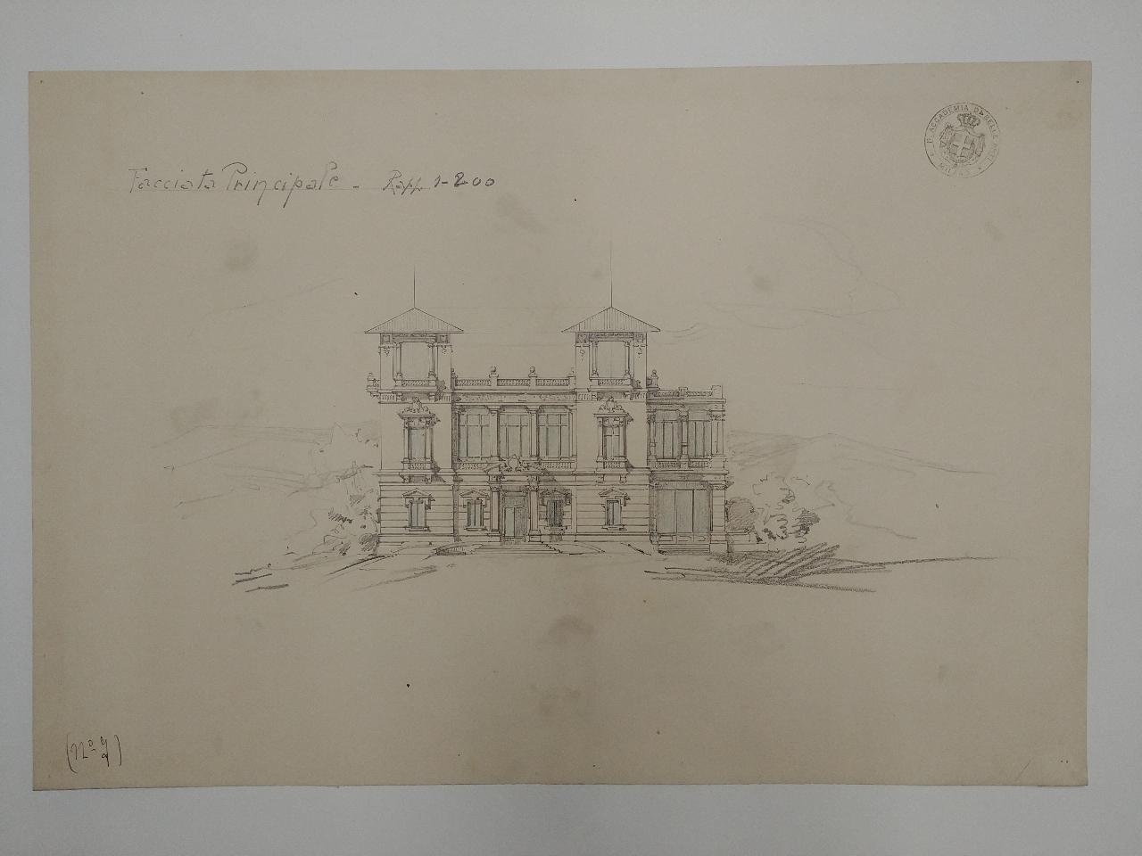 Casa di salute di proprietà di un Dottore specialista per le malattie chirurgiche (stile rinascimento), architettura: casa di salute (prospetto) (disegno) di Consonni, Paolo (sec. XX)