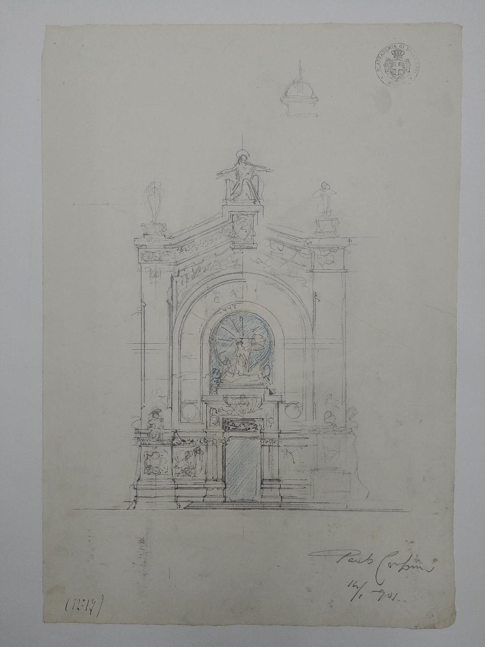 Facciata di chiesa votiva (stile medioevo), architettura: chiesa votiva (prospetto) (disegno) di Consonni, Paolo (sec. XX)