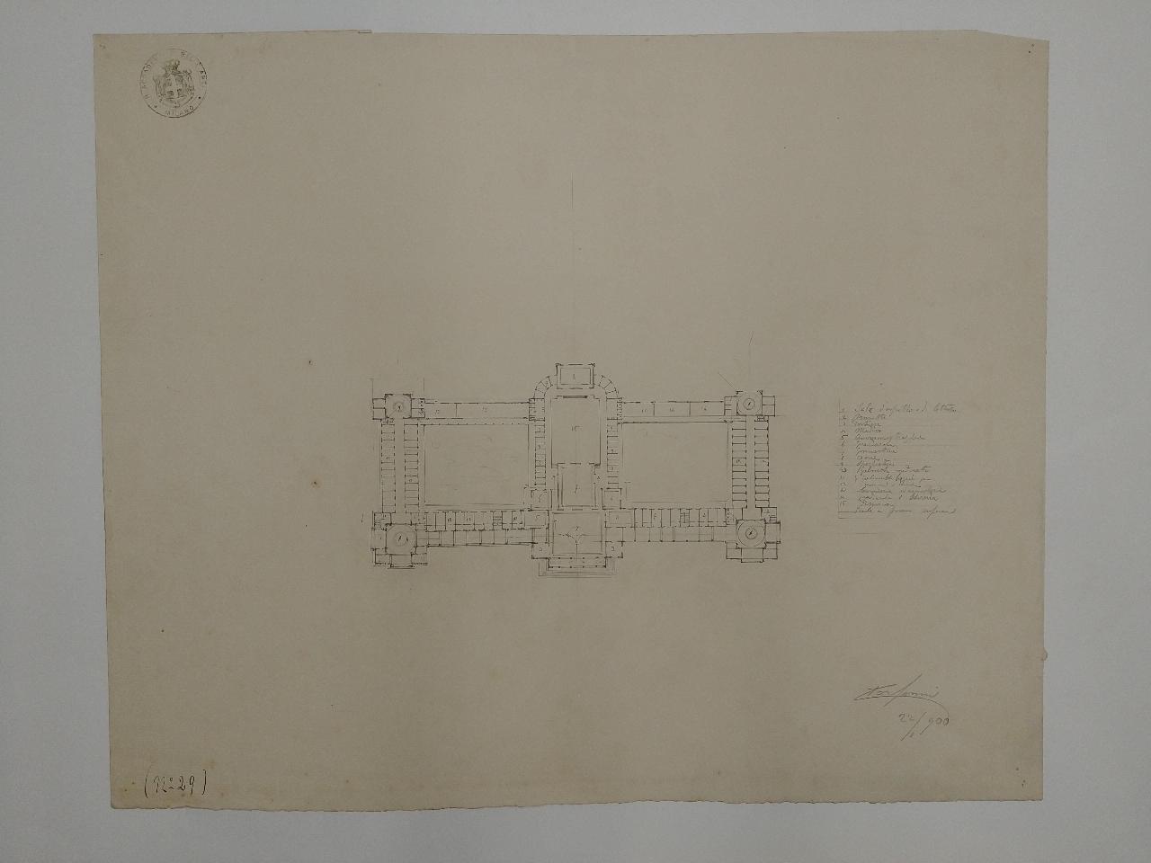 Stabilimento di bagni pubblici per una grande città da costruirsi su area libera e prospicente un parco (stile classico. Prima prova estemporanea: pianta), bagni pubblici (disegno) di Consonni, Paolo (sec. XX)