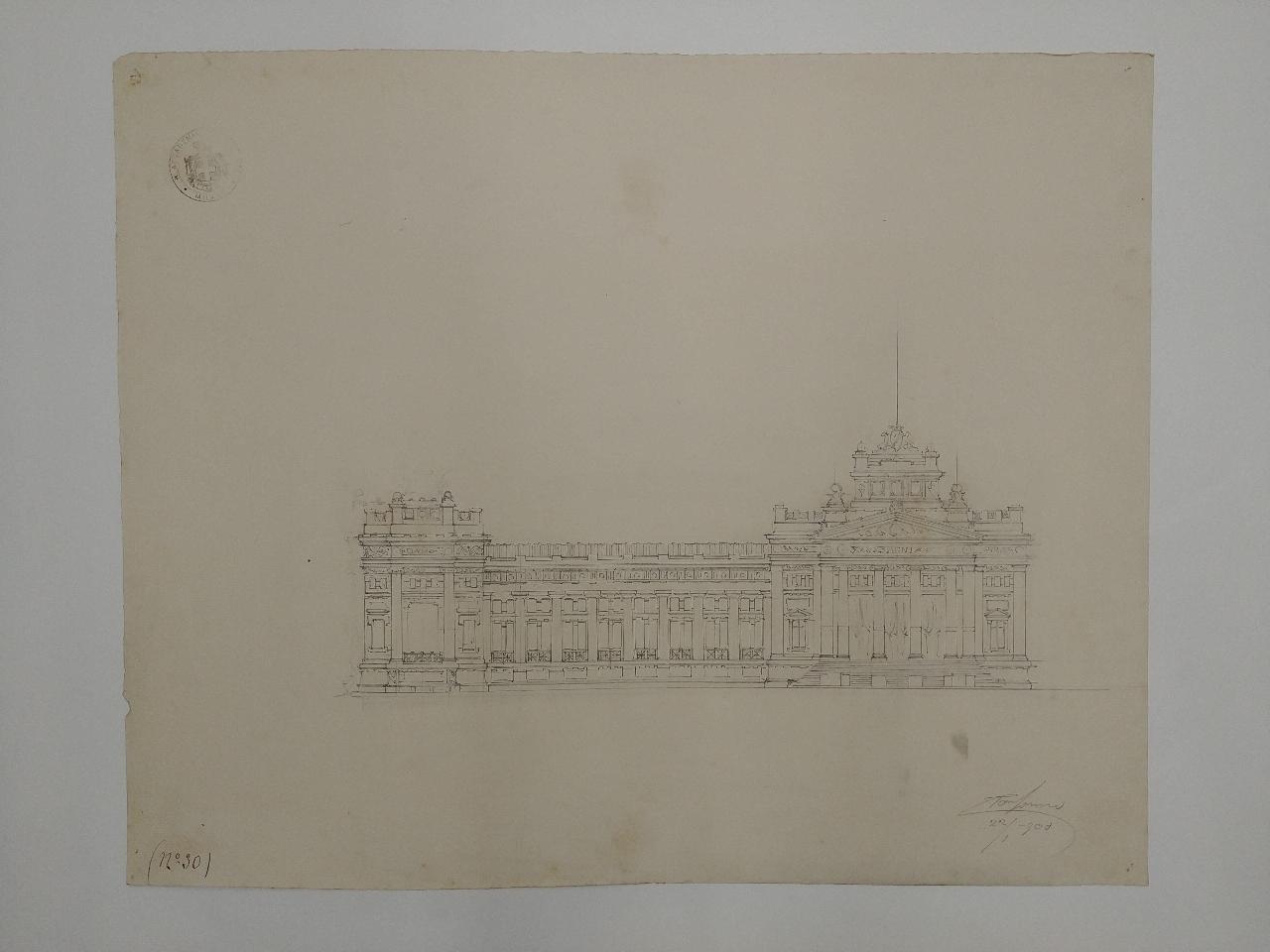 Stabilimento di bagni pubblici per una grande città da costruirsi su area libera e prospicente un parco (stile classico. Prima prova estemporanea: prospetto frontale), bagni pubblici (disegno) di Consonni, Paolo (sec. XX)