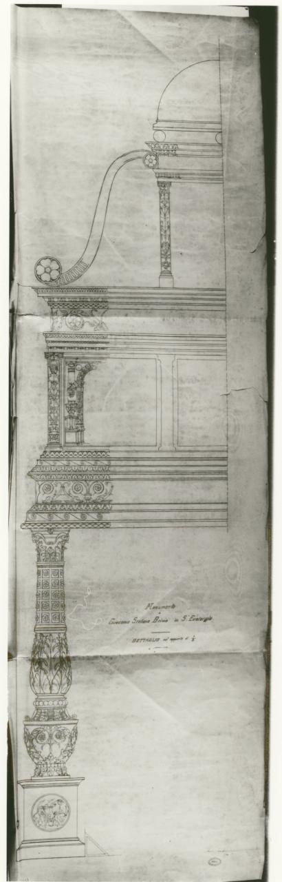 Rilievo del monumento funebre a Giacomo Stefano Brivio nella basilica di Sant'Eustorgio a Milano, architettura: rilievo del monumento funebre a Giacomo Stefano Brivio nella basilica di Sant'Eustorgio a Milano (particolare) (disegno) di Consonni, Paolo (sec. XX)