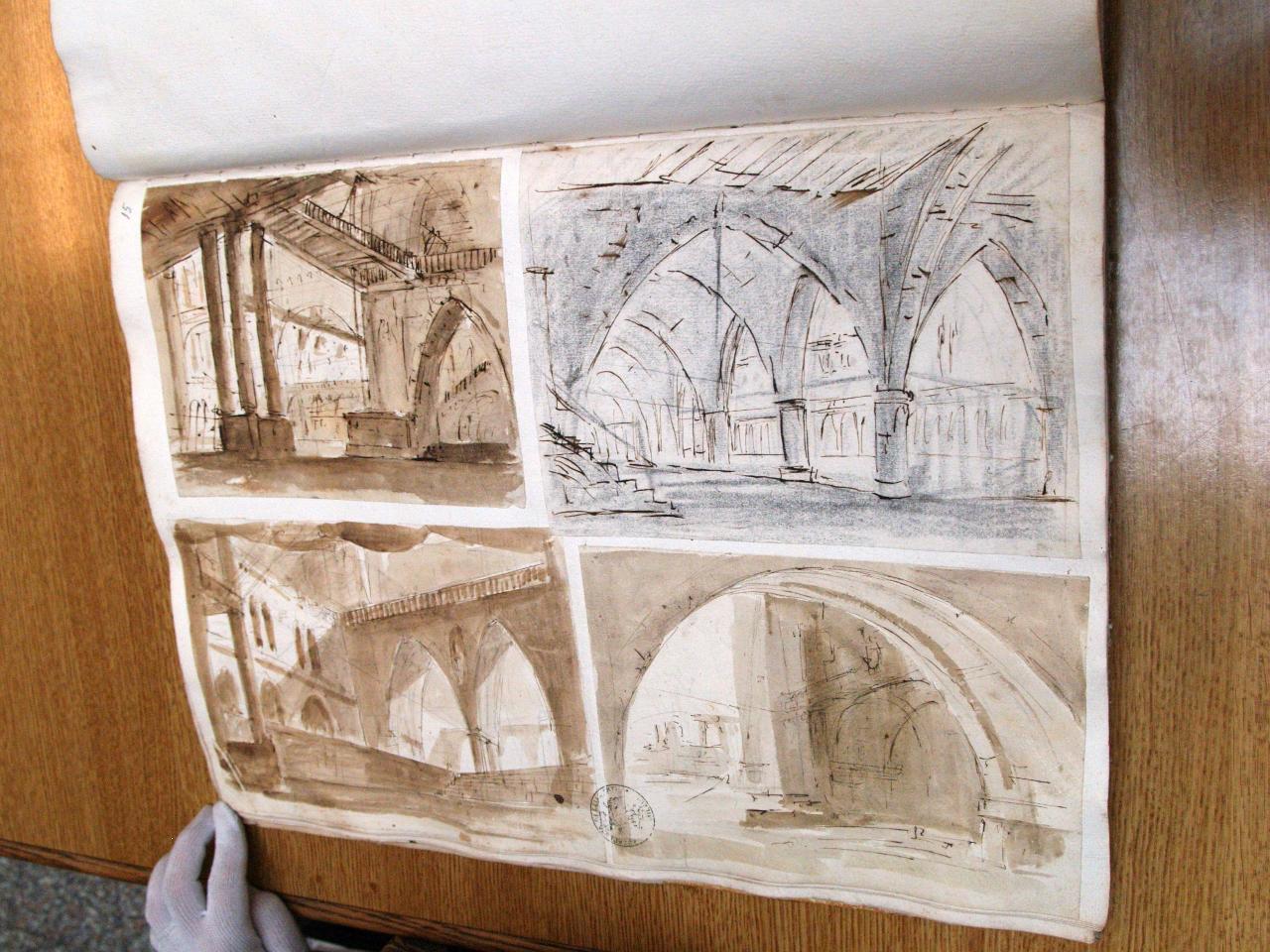 Carcere, atrio di carcere con vista su gallerie e cortile interno (disegno per scenografia) di Galliari, Gaspare; Galliari, Fabrizio; Galliari, Giuseppino (attribuito; attribuito; attribuito) - ambito Italia settentrionale (secc. XVIII/ XIX)