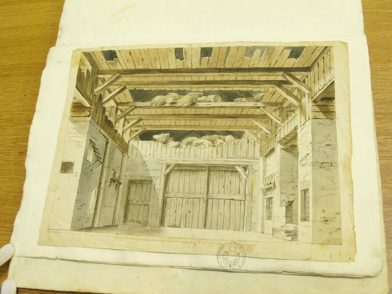 Solaio a travicelli con porta mascherata, Interno rustico con solaio a travicelli come fienile (disegno per scenografia) di Galliari, Gaspare; Galliari, Giovanni il Giovane detto Giovannino (attribuito; attribuito) - ambito Italia settentrionale (secc. XVIII/ XIX)