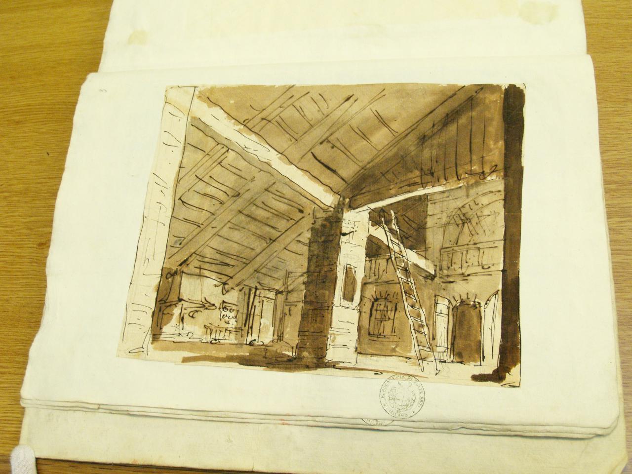 Camera rustica e solaio, Interno rustico con tetto spiovente a travicelli, scala a pioli per fienile (disegno per scenografia) di Galliari, Gaspare; Galliari, Giovanni il Giovane detto Giovannino (attribuito; attribuito) - ambito Italia settentrionale (secc. XVIII/ XIX)