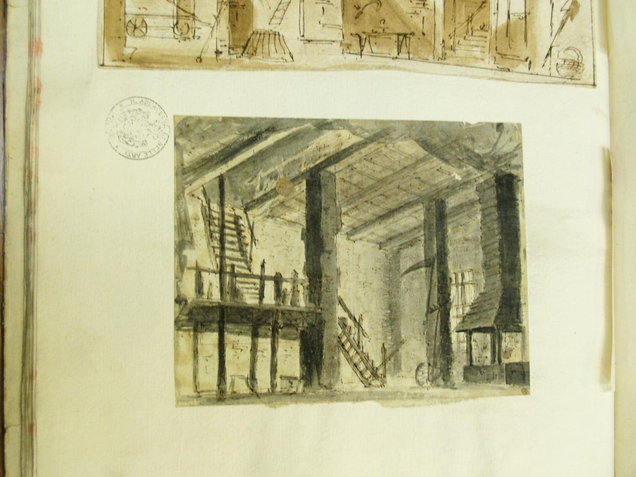 Atrio rustico, Atrio rustico con camino e attrezzi; scala e ballatoio per accedere al solaio (disegno per scenografia) di Galliari, Gaspare; Galliari, Fabrizio (attribuito; attribuito) - ambito Italia settentrionale (secc. XVIII/ XIX)