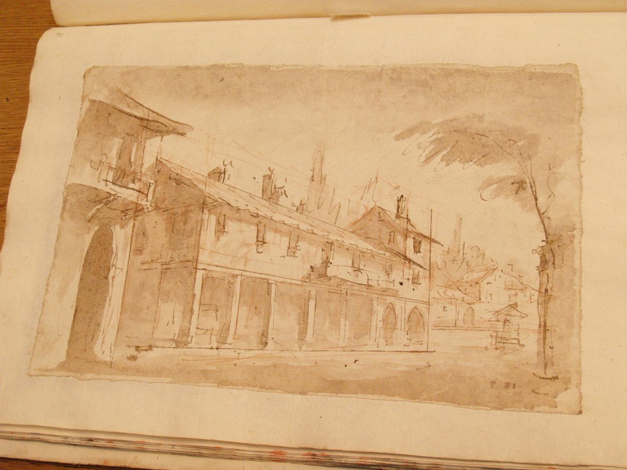 Esterno di casa rustica, Via con case rustiche (disegno per scenografia) di Galliari, Gaspare; Galliari, Fabrizio (attribuito; attribuito) - ambito Italia settentrionale (secc. XVIII/ XIX)