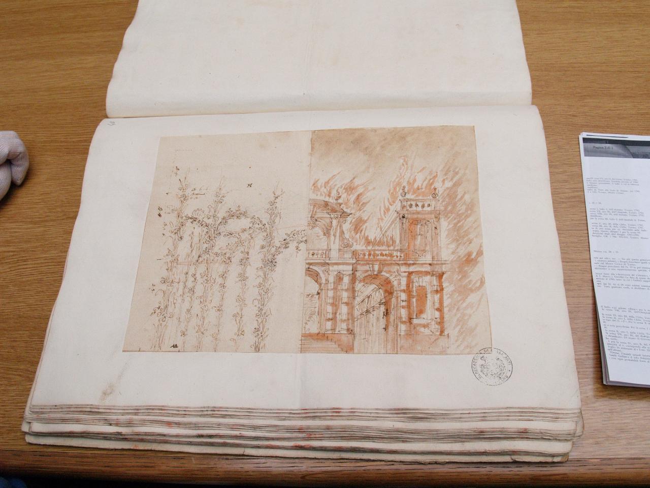 Treillage (a sinistra); Reggia incendiata (a destra), Due differenti idee: a sinistra esile ed elegante 'Treillage'; a destra palazzo in fiamme (metà), con ingresso ad arco monumentale (disegno per scenografia) di Galliari, Fabrizio (attribuito) - ambito Italia settentrionale (secc. XVIII/ XIX)