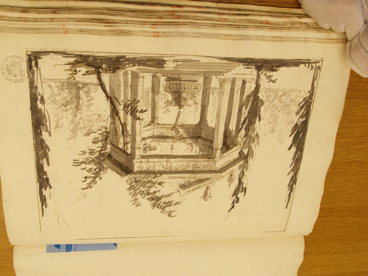 Tempietto con statua di divinità tra cipressi, e altre piante, Tempietto ottagonale con statua di divinità circondato da cipressi, e altre piante (disegno per scenografia) di Galliari, Fabrizio; Galliari, Gaspare; Galliari, Bernardino (attribuito; attribuito; attribuito) - ambito Italia settentrionale (secc. XVIII/ XIX)