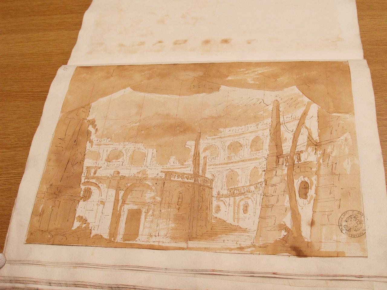 Rovine e scala tortuosa, Rovine di anfiteatro, o palazzo curvilineo a logge; edificio prospicente a pianta circolare con scala che lo circonda (disegno per scenografia) di Galliari, Fabrizio (attribuito) - ambito Italia settentrionale (secc. XVIII/ XIX)