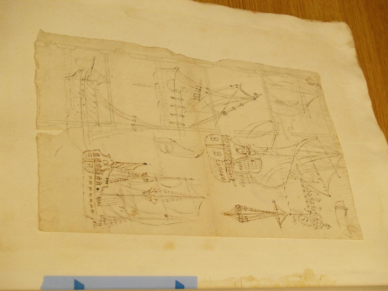 Due disegni di navi, Disegni di navi e di vari particolari (disegno per scenografia) di Galliari, Fabrizio (attribuito) - ambito Italia settentrionale (secc. XVIII/ XIX)