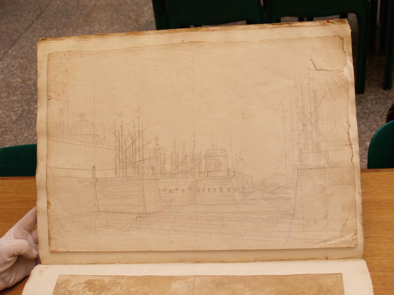 Disegno di porto di mare, Porto di mare con torre circolare visto da bastioni; fitto intreccio di alberi di navi (disegno per scenografia) di Galliari, Fabrizio; Galliari, Gaspare (attribuito; attribuito) - ambito Italia settentrionale (secc. XVIII/ XIX)