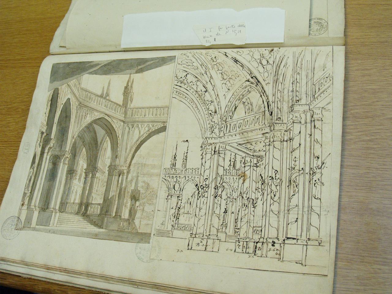 Atrio di palazzo in stile gotico con guglie e pinnacoli, Atrio di palazzo in stile gotico con guglie e pinnacoli. In fondo veduta di un giardino (disegno a metà) (disegno per scenografia) di Galliari, Fabrizio; Galliari, Giovanni il Giovane detto Giovannino; Galliari, Giuseppino; Galliari, Gaspare (attribuito; attribuito; attribuito; attribuito) - ambito Italia settentrionale (secc. XVIII/ XIX)