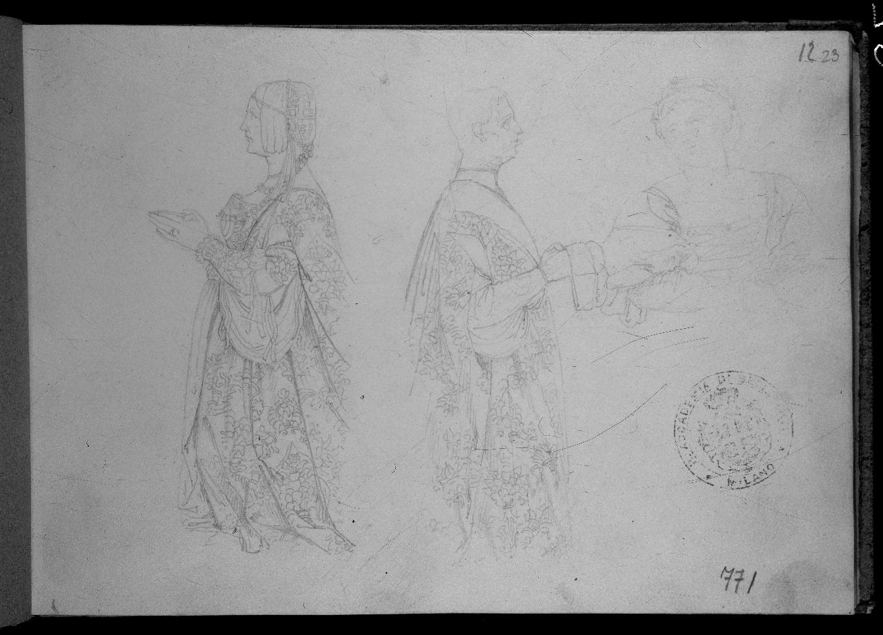 Copia da Macrino d'Alba e figura femminile (già Personaggi sforzeschi (studio di costumi?); mezza figura di donna di lato - Samek), figura femminile e figura maschile (disegno) di Hayez, Francesco (primo quarto||primo quarto sec. XIX||sec. XIX)