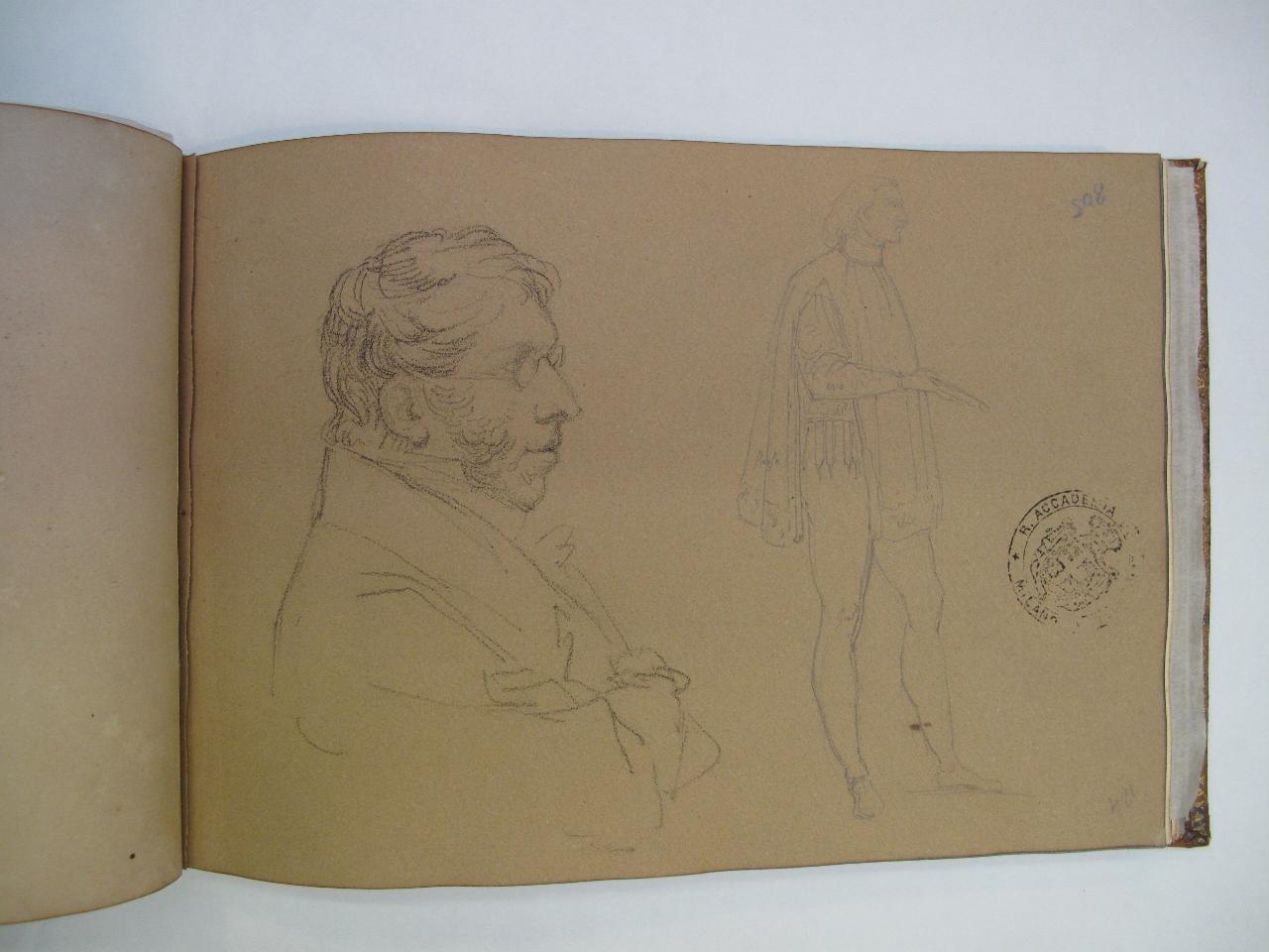 Autoritratto e figura maschile (già Mezzo busto giovanile visto di lato dal vero e figura rinascimentale all'impiedi - Samek), volto e figura maschile (disegno) di Hayez, Francesco (primo quarto||primo quarto sec. XIX||sec. XIX)